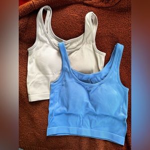 Set of 2: Pro-Fit size L seamless crop bra-tanks - stone & periwinkle